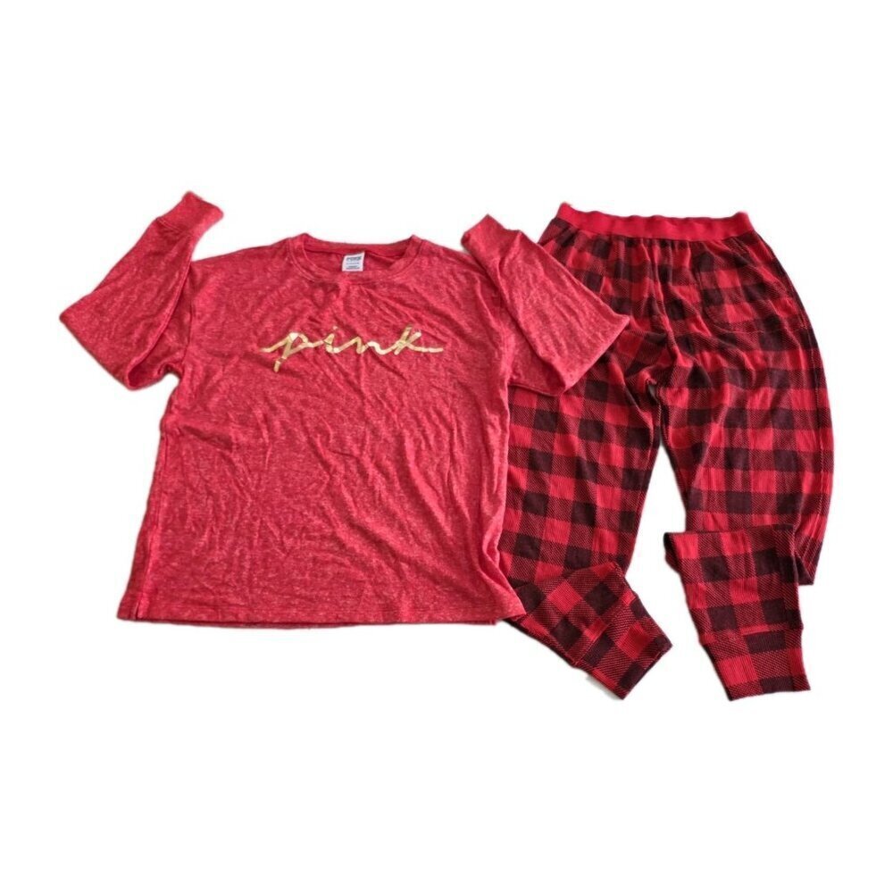 PINK Victorias Secret Pajama Set Women S Heathered Red LS Top Plaid Pants Lounge